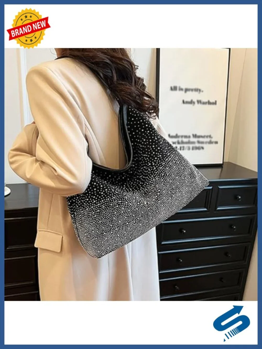 Women Suede Leather Tote Handbag with Rhinestones Sparkly Evening Shoulder Hobo
